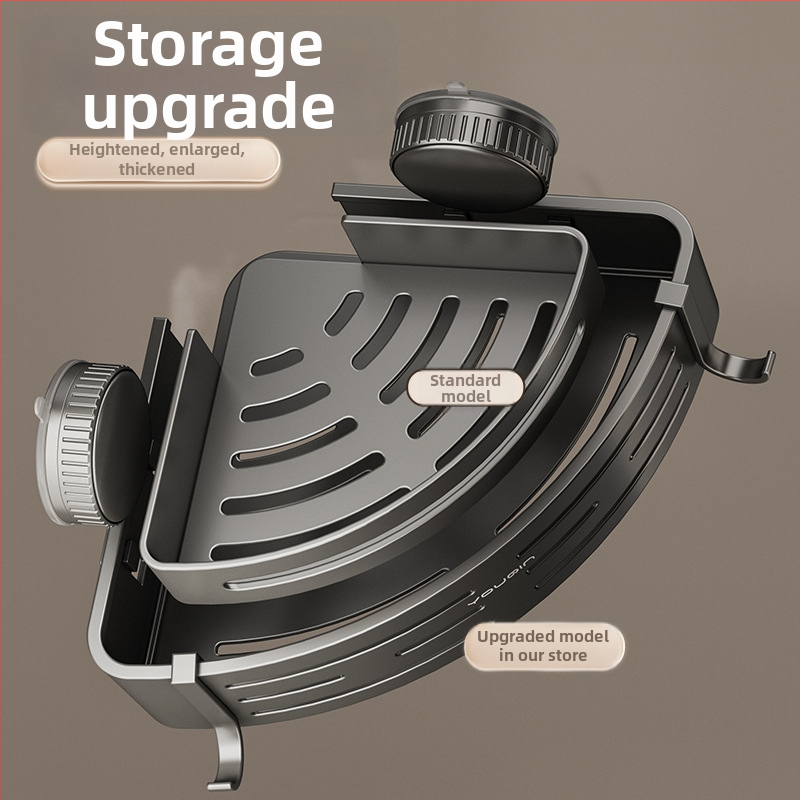 Nástenný rohový regál do kúpeľne so sacou upevnením, hliníková zliatina, povrchová úprava pečenou farbou, nosnosť 5–10 kg, 1 vrstva, roh v tvare ventilátora