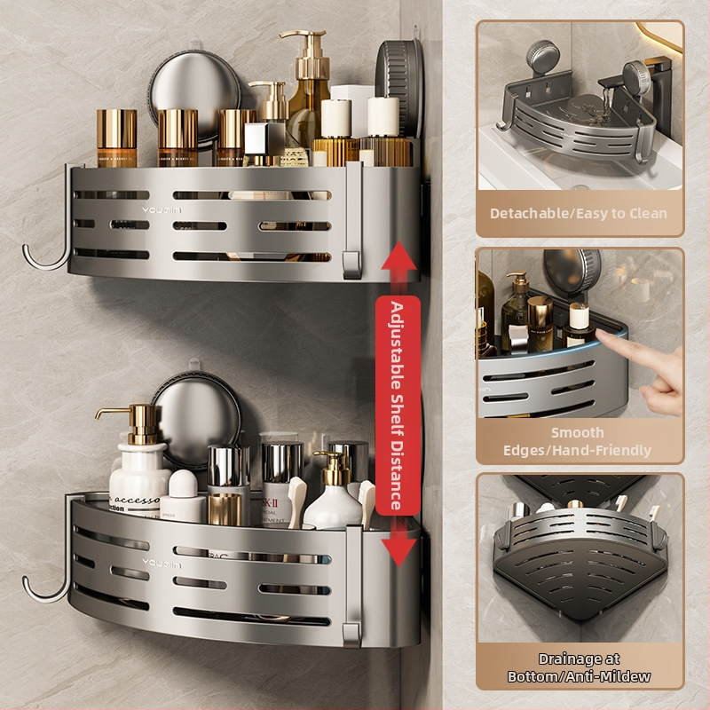 Nástenný rohový regál do kúpeľne so sacou upevnením, hliníková zliatina, povrchová úprava pečenou farbou, nosnosť 5–10 kg, 1 vrstva, roh v tvare ventilátora