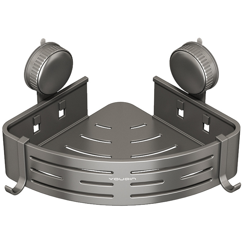 Стенно монтиран ъглов рафт за баня с вакуумно закрепване, алуминиева сплав, покритие с печена боя, натоварване 5–10 кг, 1 ниво, ъгъл с вентилаторна форма