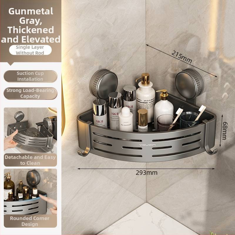 Nástenný rohový regál do kúpeľne so sacou upevnením, hliníková zliatina, povrchová úprava pečenou farbou, nosnosť 5–10 kg, 1 vrstva, roh v tvare ventilátora