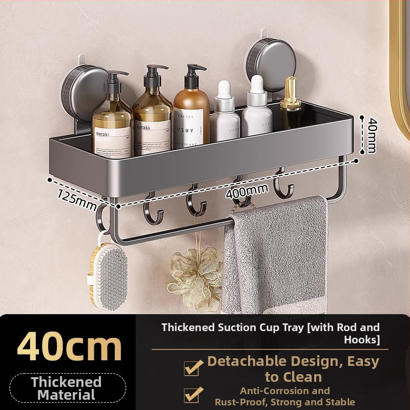 Nástenný rohový regál do kúpeľne so sacou upevnením, hliníková zliatina, povrchová úprava pečenou farbou, nosnosť 5–10 kg, 1 vrstva, roh v tvare ventilátora