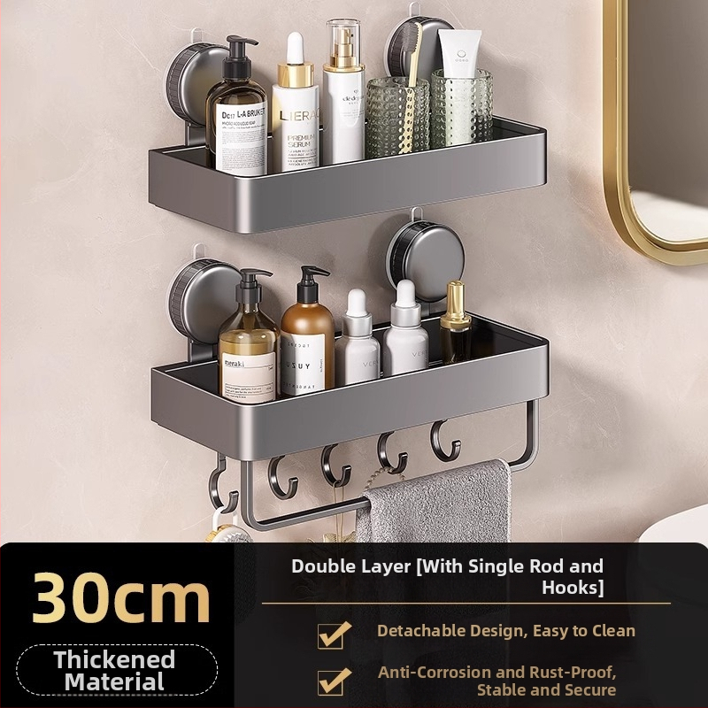 Nástenný rohový regál do kúpeľne so sacou upevnením, hliníková zliatina, povrchová úprava pečenou farbou, nosnosť 5–10 kg, 1 vrstva, roh v tvare ventilátora