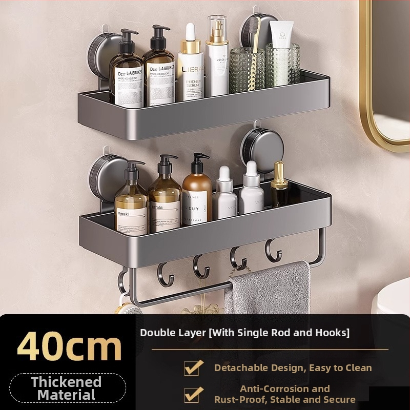 Nástenný rohový regál do kúpeľne so sacou upevnením, hliníková zliatina, povrchová úprava pečenou farbou, nosnosť 5–10 kg, 1 vrstva, roh v tvare ventilátora