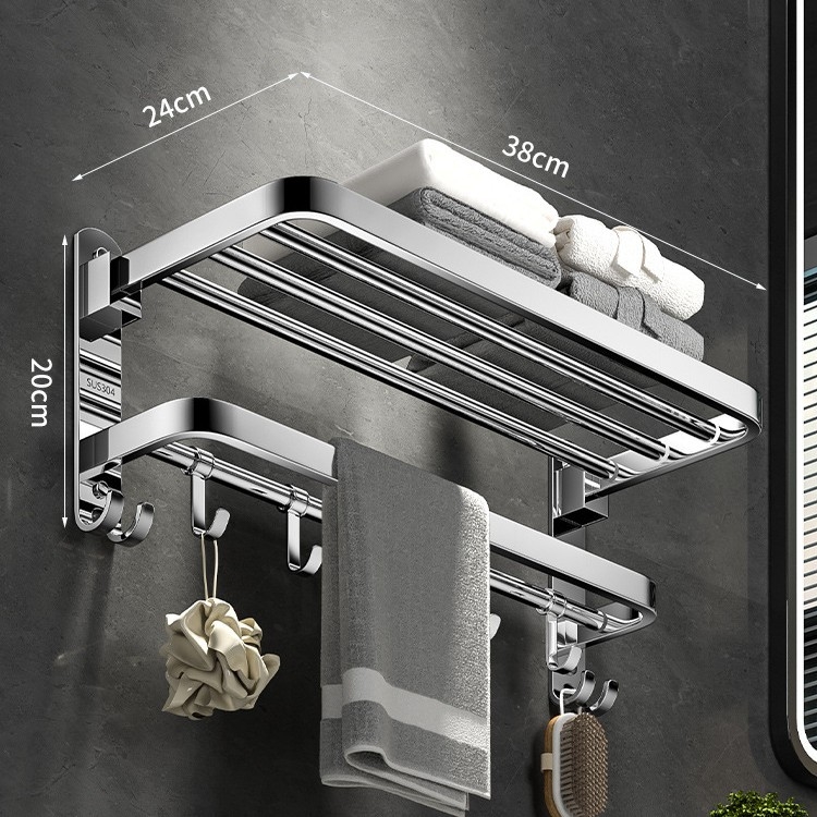 Nerūdijančio plieno 304 dviejų lygių rankšluosčių laikiklis, sieninis, be gręžimo, sulankstomas