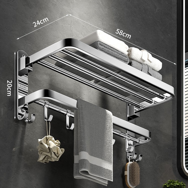 Nerūdijančio plieno 304 dviejų lygių rankšluosčių laikiklis, sieninis, be gręžimo, sulankstomas