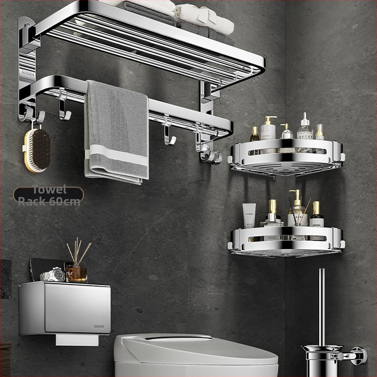 Nerūdijančio plieno 304 dviejų lygių rankšluosčių laikiklis, sieninis, be gręžimo, sulankstomas