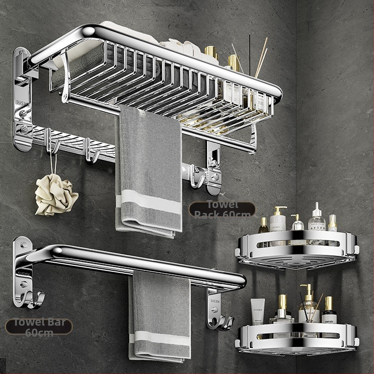 Nerūdijančio plieno 304 dviejų lygių rankšluosčių laikiklis, sieninis, be gręžimo, sulankstomas
