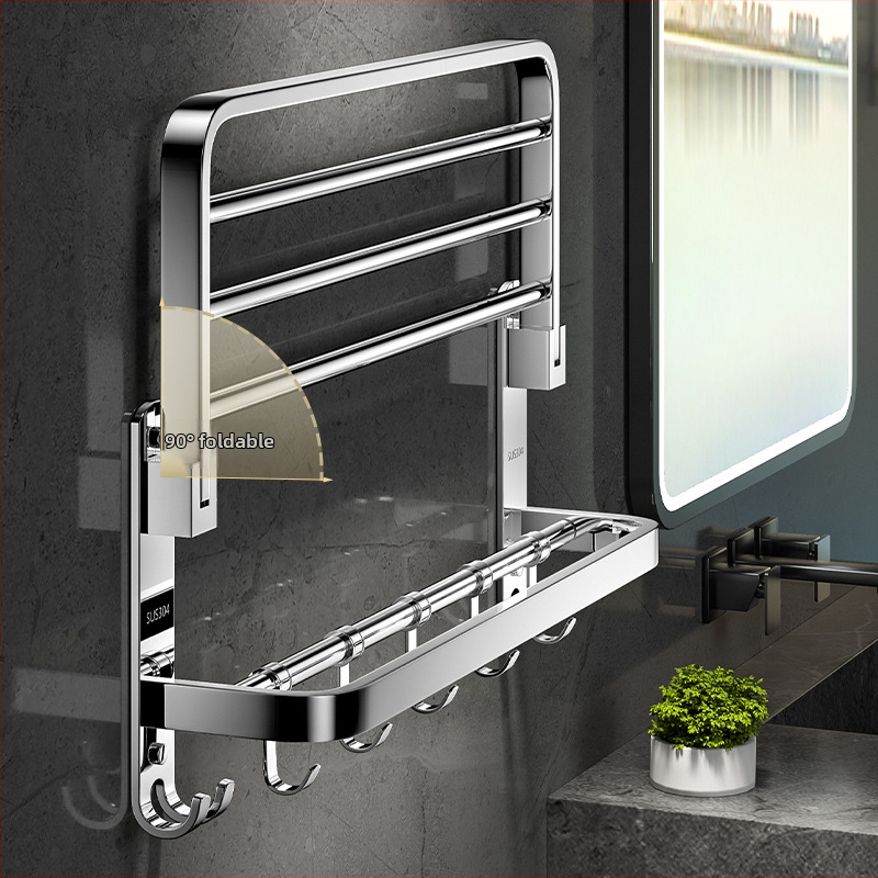 Nerūdijančio plieno 304 dviejų lygių rankšluosčių laikiklis, sieninis, be gręžimo, sulankstomas