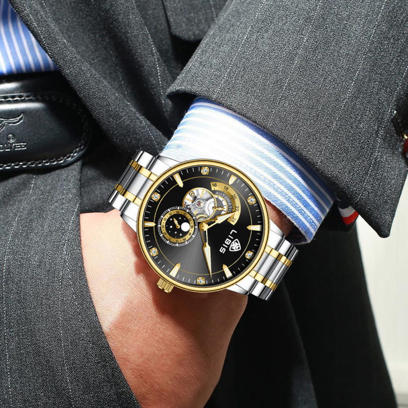 Libis muški pilotski mehanički sat, pokret 9029G, narukvica od finog čelika, leptir dvostruki zatvarač, analogni prikaz