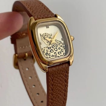 Ženski sat - Leopard uzorak, kvadratni brojčanik, analogni prikaz, kvarcni mehanizam, kućište od legure