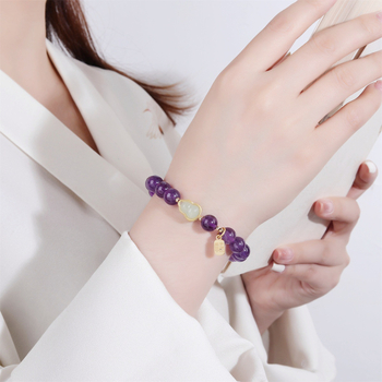 Ametiszt karkötő nőknek, etnikus stílus, kézzel készített, geometriai mintázat, Fu motívum