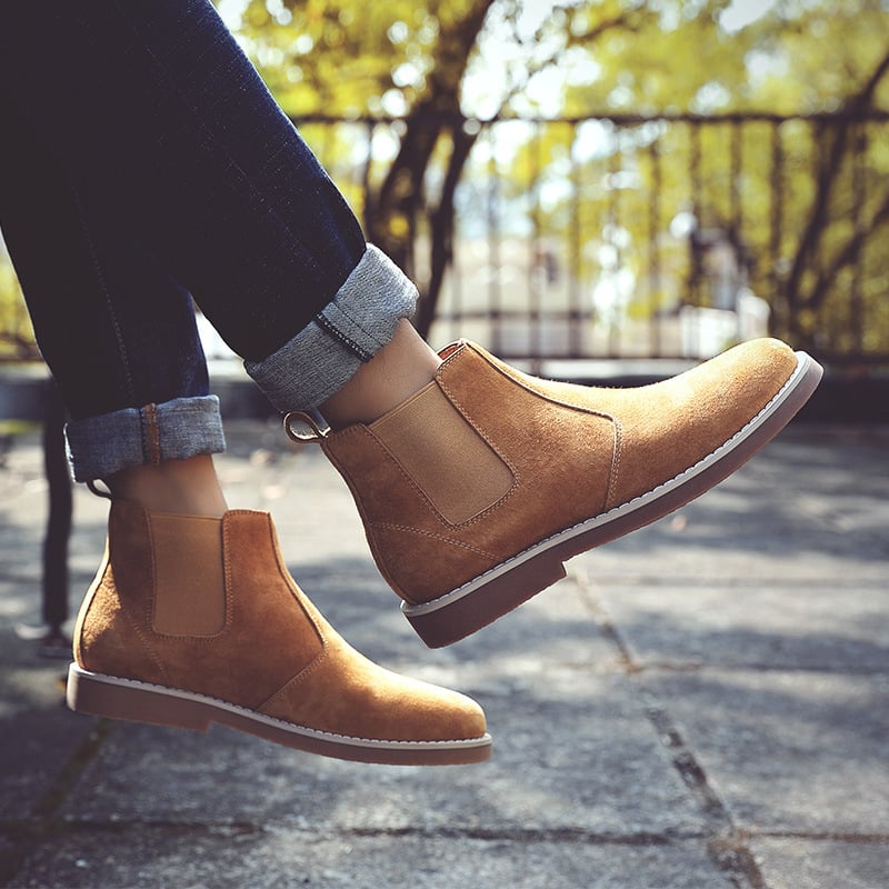 Мъжки Chelsea ботуши, британски стил, есенни, върхът от свинска кожа, подметка от телешко сухожилие, кръгла пръст, нисък ток 1–3 см