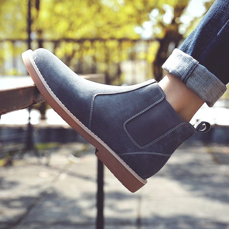 Мъжки Chelsea ботуши, британски стил, есенни, върхът от свинска кожа, подметка от телешко сухожилие, кръгла пръст, нисък ток 1–3 см