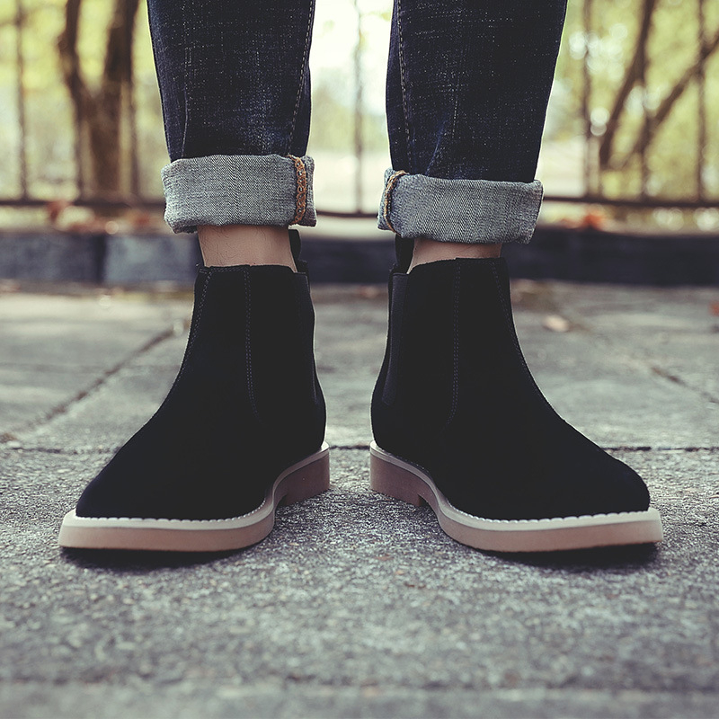 Мъжки Chelsea ботуши, британски стил, есенни, върхът от свинска кожа, подметка от телешко сухожилие, кръгла пръст, нисък ток 1–3 см