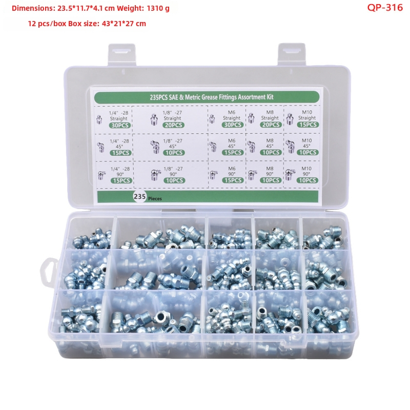 235 части комплект за гресни накрайници, в кутия, с M6, M8 и M10, UNF 1/4-28 и 1/8-27 NPT