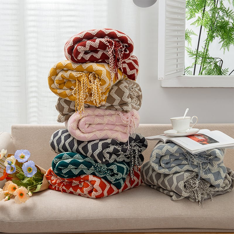 Κουβέρτα με πλέξη σε κυματισμό acid-base και ριγέ μοτίβο για κλίνες ξενώνων/ξενοδοχείων (4 εποχές; ακρυλικό; βάρος 500–799 g)