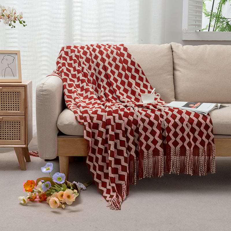 Κουβέρτα με πλέξη σε κυματισμό acid-base και ριγέ μοτίβο για κλίνες ξενώνων/ξενοδοχείων (4 εποχές; ακρυλικό; βάρος 500–799 g)