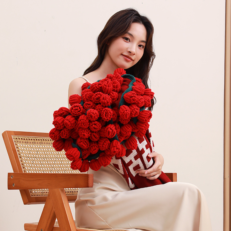 Χειροποίητη πλεκτή κουβέρτα με σχέδιο ανθοδέσμης από τριαντάφυλλα, κατάλληλη για όλες τις εποχές, ακρυλικό νήμα, 500–799 g, μοτίβο φυτών και λουλουδιών, ελαφρύς πολυτελής στυλ