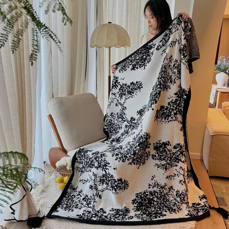 Moon Lover pletená deka na gauč s francúzskym retro Bayberry stromom a štýlom Wabi-Sabi, rastlinný vzor, 800–999 g