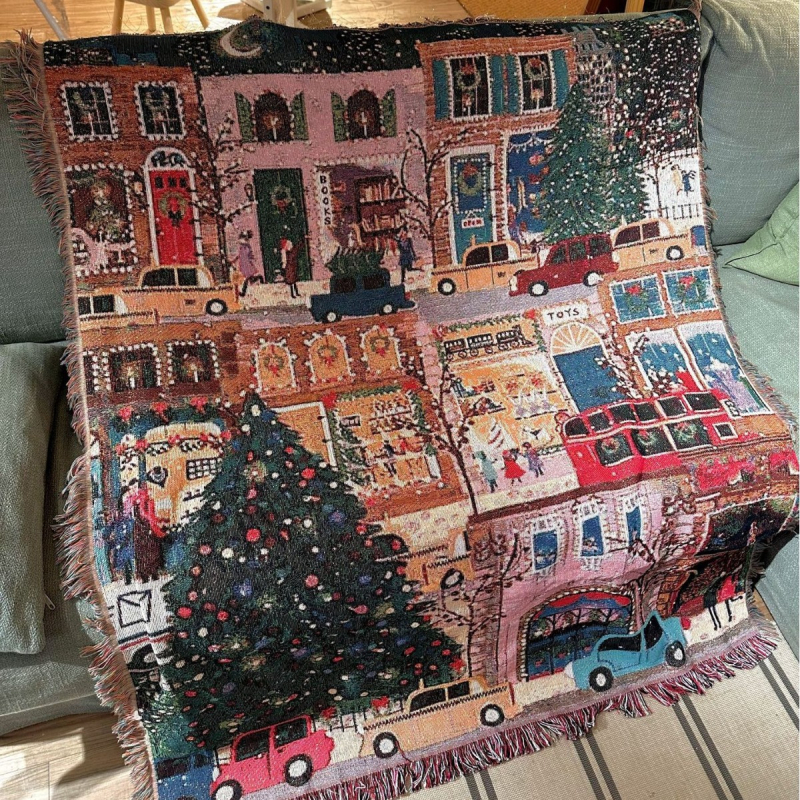 Pamuk gobelensko ćebe – Scena božićnih uličnih lampica, pravokutni oblik, pejzažni uzorak, 51–60% pamuk, prilagodljivo