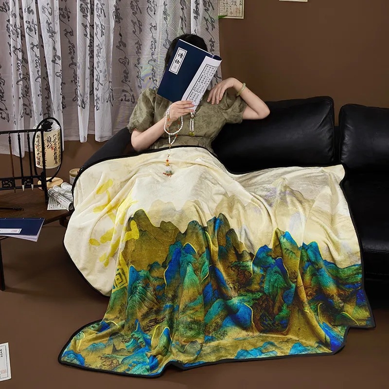 Šál-deka v štýle Nového čínskeho štýlu, krajinný vzor, polyester, 230 g, jar-jeseň