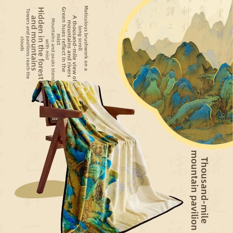 Šál-deka v štýle Nového čínskeho štýlu, krajinný vzor, polyester, 230 g, jar-jeseň