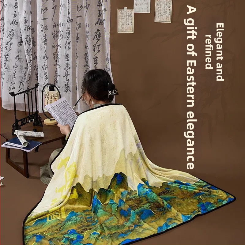 Šál-deka v štýle Nového čínskeho štýlu, krajinný vzor, polyester, 230 g, jar-jeseň