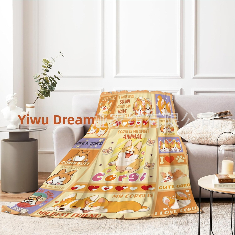 Flanelová deka s digitálnym potlačou Corgi – použitě po celý rok, 270 g polyester, jar a jeseň, zmršťovanie 3–5%