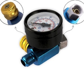 Pneimatiskā krāsošanas pistoles papildaprīkojums – gaisa spiediena regulatora ar manometru; Svars: 0.104 kg; Piemērots pneimatiskajiem krāsošanas pistoles