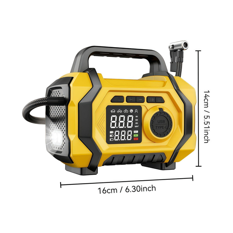 Automobilinis avarinio paleidimo įrenginys su įmontuota oro siurbliu ir dulkių siurbliu, USB įkrovimas, skaitmeninis ekranas, 12V, 80W