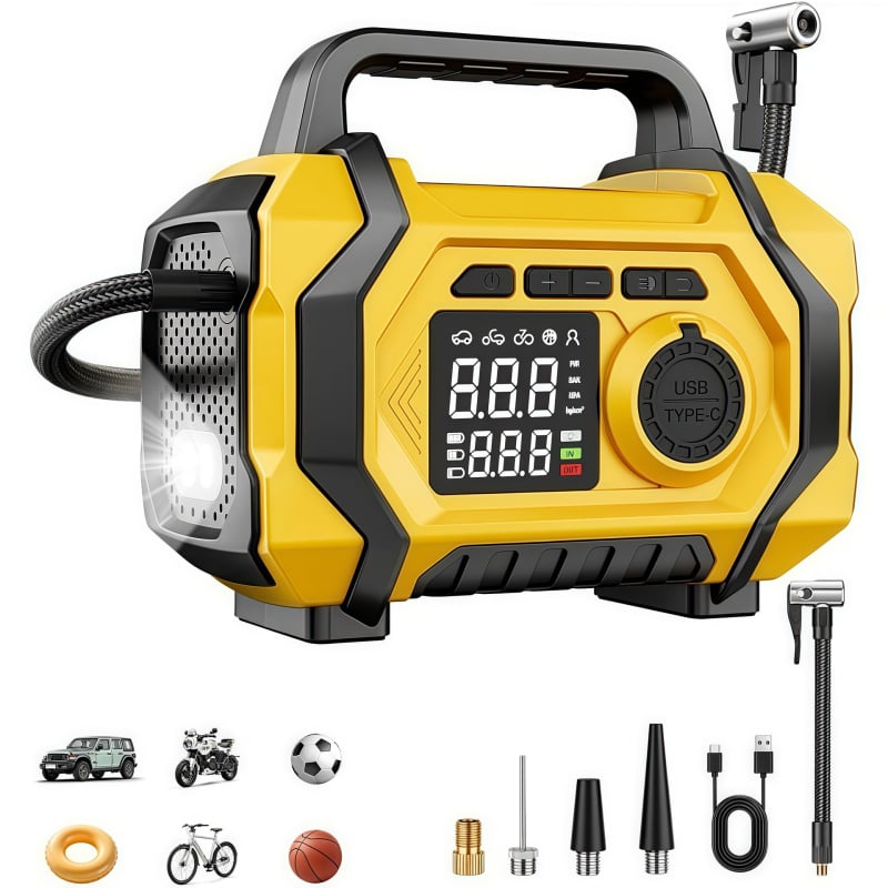 Automobilinis avarinio paleidimo įrenginys su įmontuota oro siurbliu ir dulkių siurbliu, USB įkrovimas, skaitmeninis ekranas, 12V, 80W