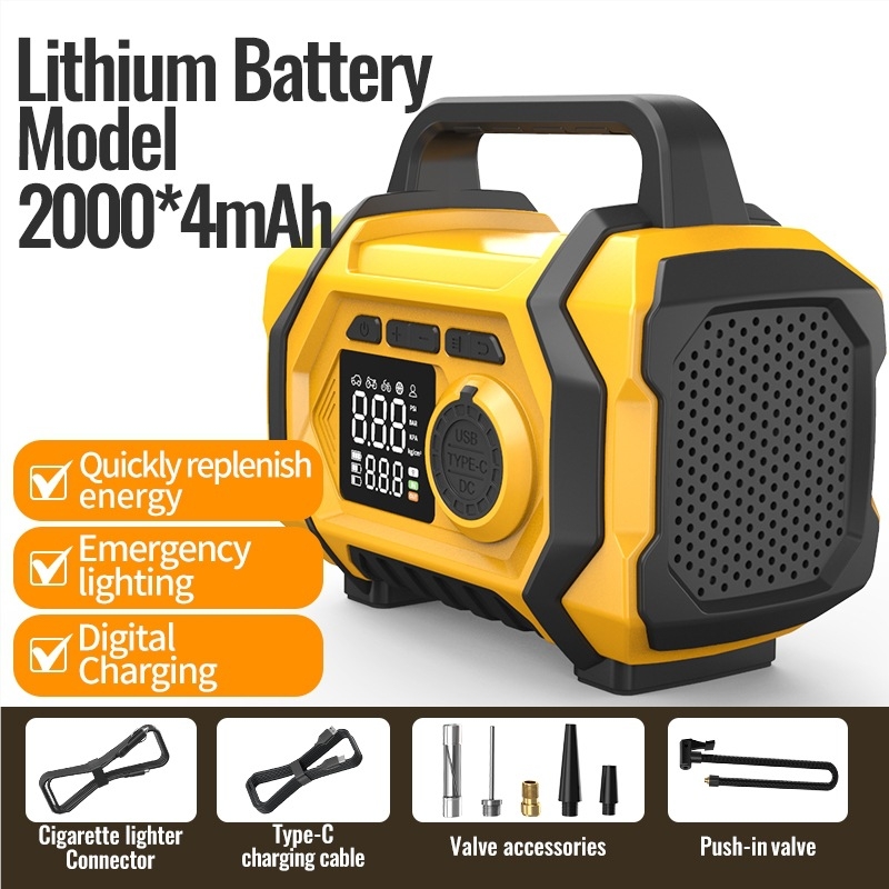 Automobilio avarinio užvedimo įrenginys su integruotu oro siurbliu ir skaitmeniniu ekranu – 24V, 80W ličio baterija, oro srautas 25 L/min, USB įkrovimas, padangos slėgio matuoklis, apšvietimas