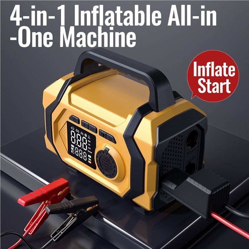 Automobilio avarinio užvedimo įrenginys su integruotu oro siurbliu ir skaitmeniniu ekranu – 24V, 80W ličio baterija, oro srautas 25 L/min, USB įkrovimas, padangos slėgio matuoklis, apšvietimas