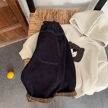 Jeansi copii cu fleece căptușit, iarnă, stil coreean, material principal bumbac 70%, talie medie cu curea elastică, culoare uni