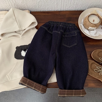 Jeansi copii cu fleece căptușit, iarnă, stil coreean, material principal bumbac 70%, talie medie cu curea elastică, culoare uni