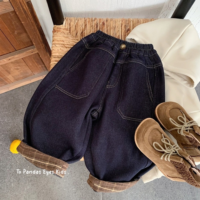 Jeansi copii cu fleece căptușit, iarnă, stil coreean, material principal bumbac 70%, talie medie cu curea elastică, culoare uni