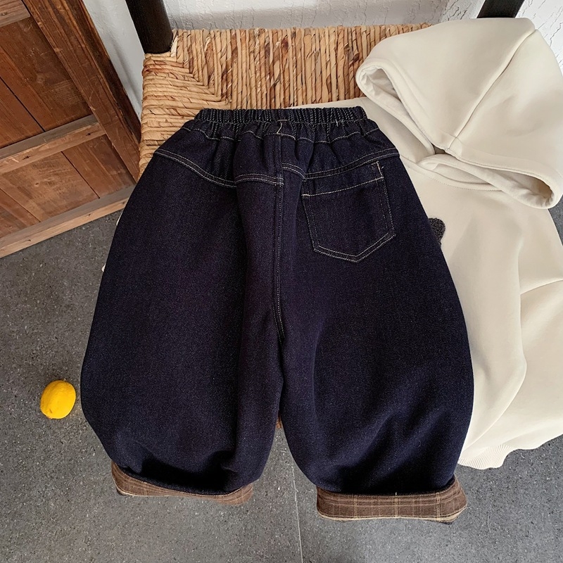 Jeansi copii cu fleece căptușit, iarnă, stil coreean, material principal bumbac 70%, talie medie cu curea elastică, culoare uni