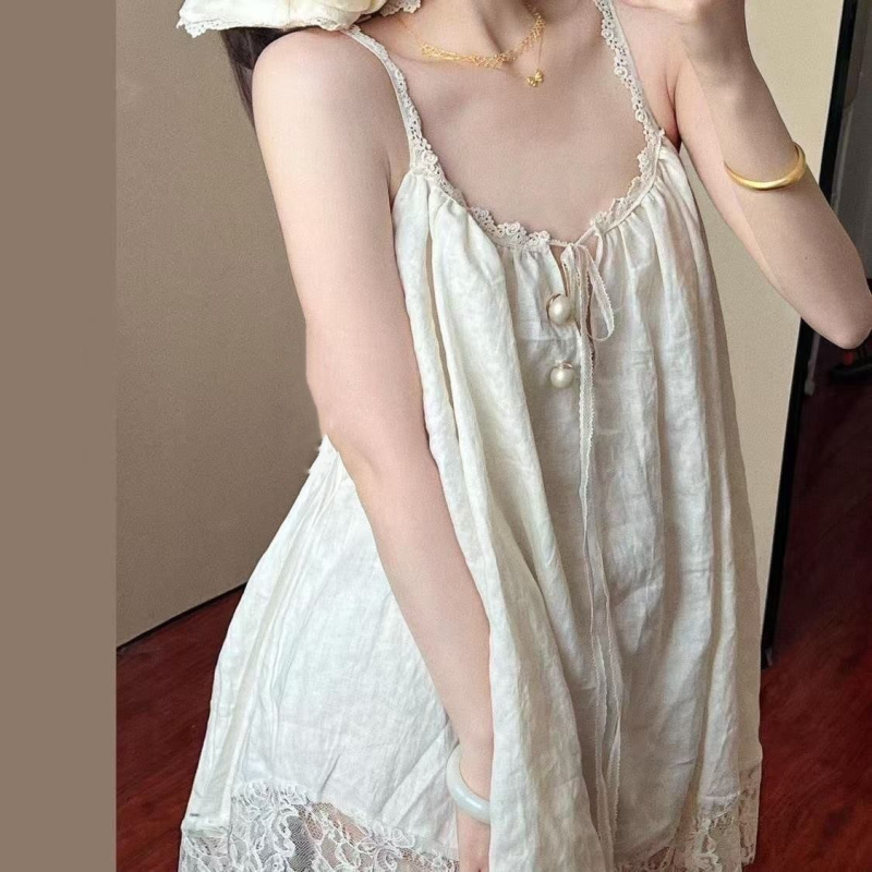 Noćna haljina s čipkastim rubom i trakicama preko ramena, Cloud Cotton, okrugli izrez, bez rukava, kratka suknja, stil Francuskog dvora
