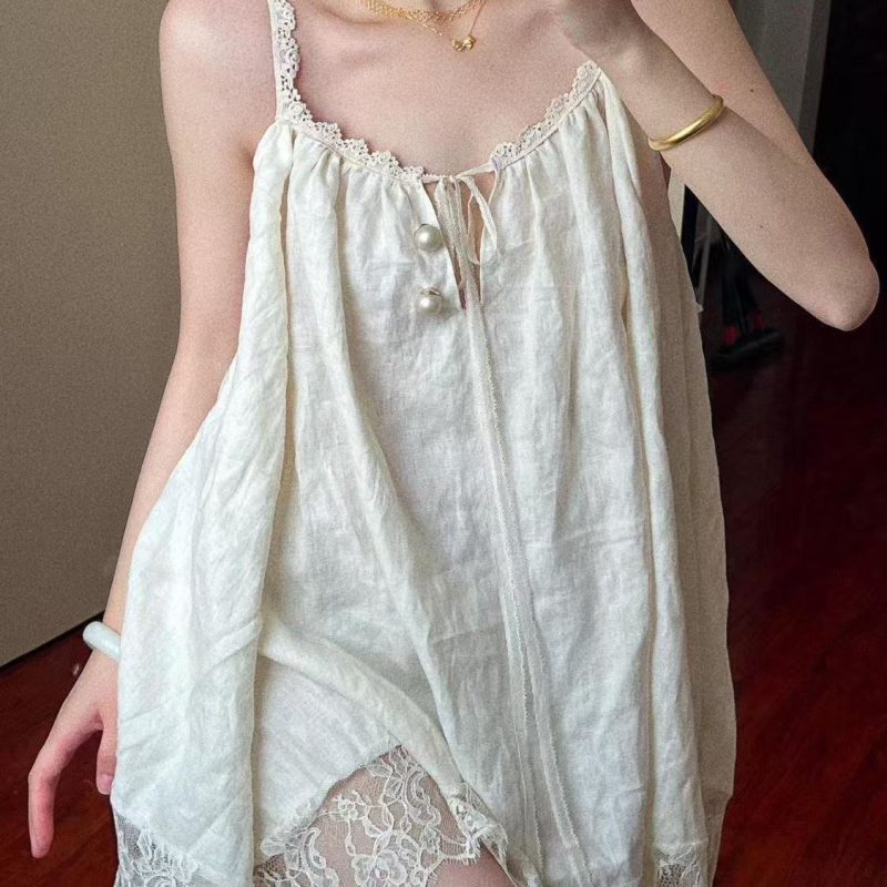 Noćna haljina s čipkastim rubom i trakicama preko ramena, Cloud Cotton, okrugli izrez, bez rukava, kratka suknja, stil Francuskog dvora