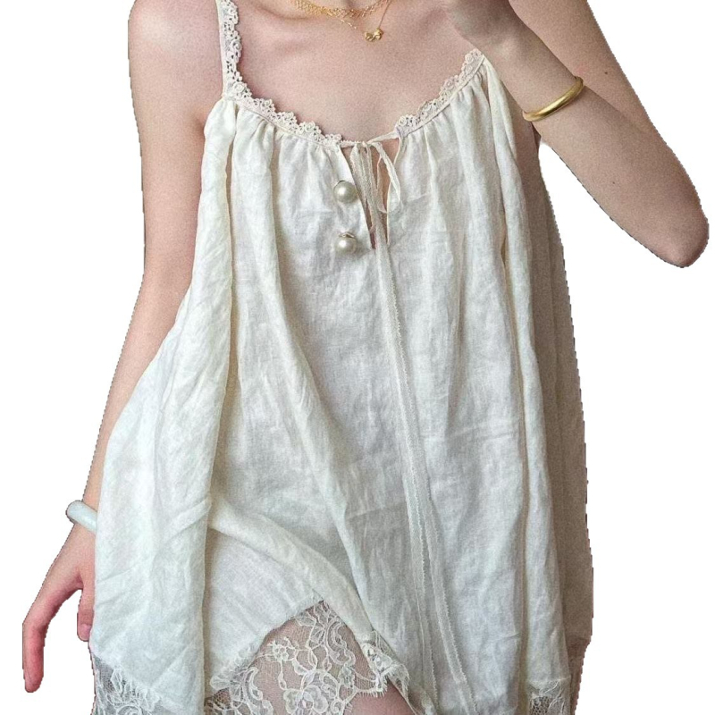 Noćna haljina s čipkastim rubom i trakicama preko ramena, Cloud Cotton, okrugli izrez, bez rukava, kratka suknja, stil Francuskog dvora