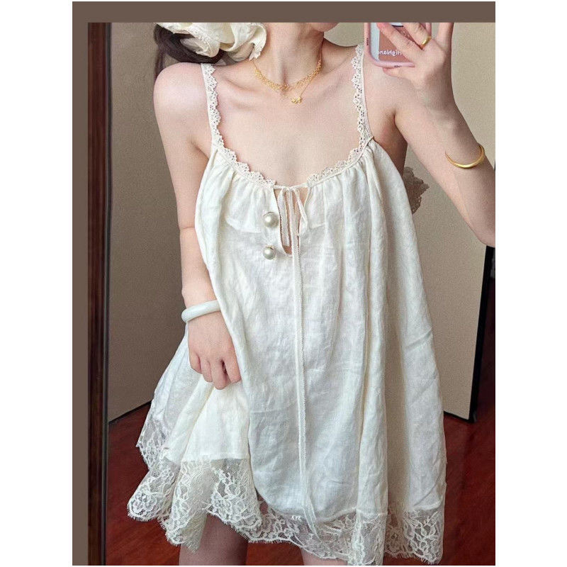 Noćna haljina s čipkastim rubom i trakicama preko ramena, Cloud Cotton, okrugli izrez, bez rukava, kratka suknja, stil Francuskog dvora