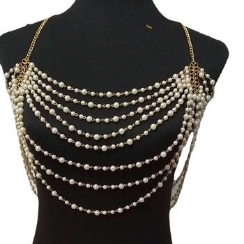 Perlų kūno grandinė su kutais moterims, reguliuojamas ilgis, kryžminė juosta, galimybė pritaikyti