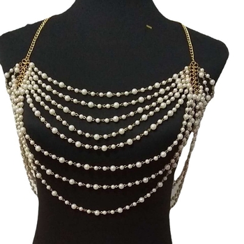 Perlų kūno grandinė su kutais moterims, reguliuojamas ilgis, kryžminė juosta, galimybė pritaikyti