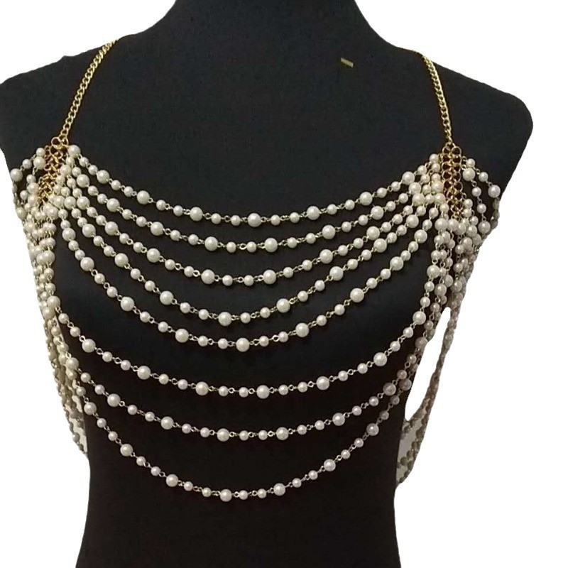 Perlų kūno grandinė su kutais moterims, reguliuojamas ilgis, kryžminė juosta, galimybė pritaikyti