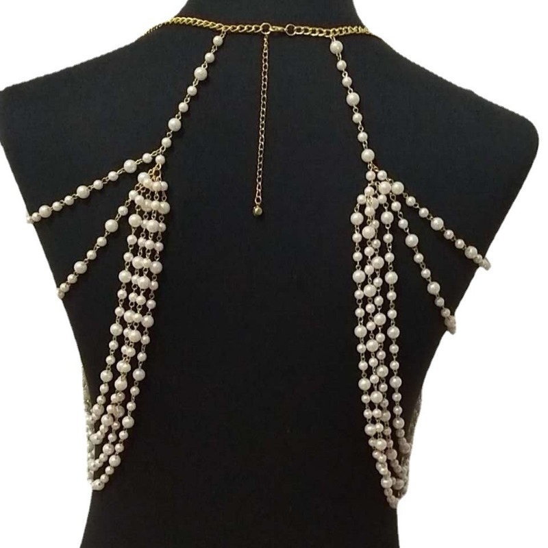 Perlų kūno grandinė su kutais moterims, reguliuojamas ilgis, kryžminė juosta, galimybė pritaikyti