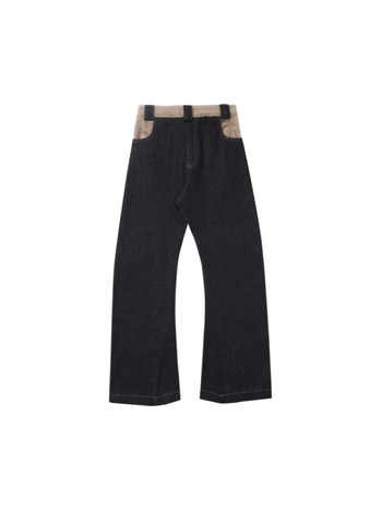 Traperice od vune s patchworkom; casual stil; ležerna silueta; srednji pojas; ravne nogavice; zatvarač