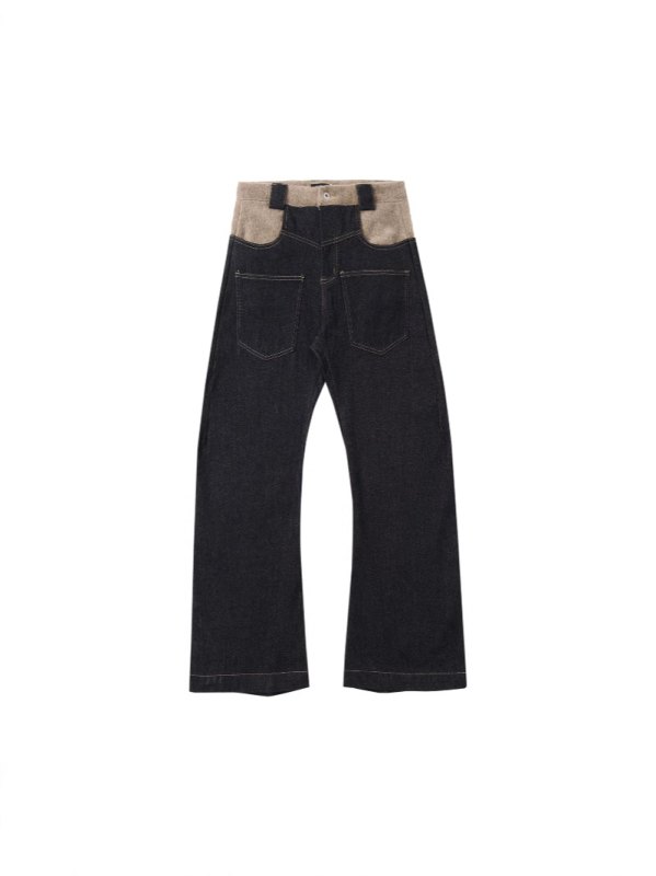 Traperice od vune s patchworkom; casual stil; ležerna silueta; srednji pojas; ravne nogavice; zatvarač