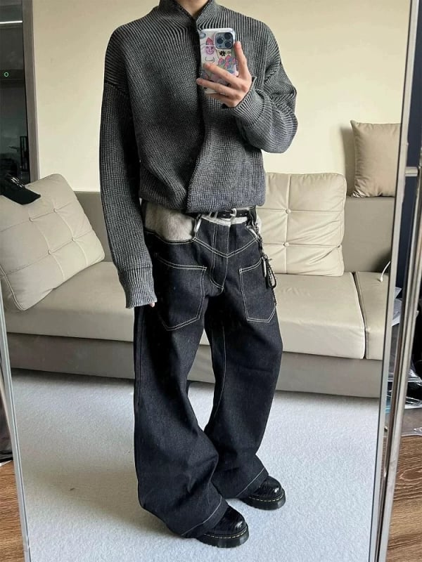 Traperice od vune s patchworkom; casual stil; ležerna silueta; srednji pojas; ravne nogavice; zatvarač