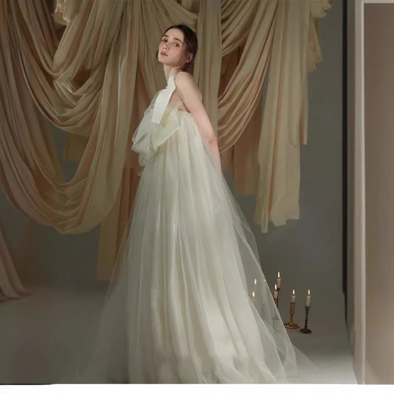 Булчинска рокля със силует принцесова пола, без презрамки, дълга рокля за сватба, талия средна, полиестерна материя