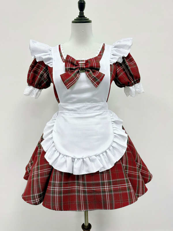 Lolita kalpones apģērbs – japāņu stila Ziemassvētku eņģeļu cosplay, plaid raksts, 90-95% poliesters, zemas izdevums 2025